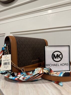 Michael Kors Jet Set Logo Brown and Tan Chain Crossbody NWT
